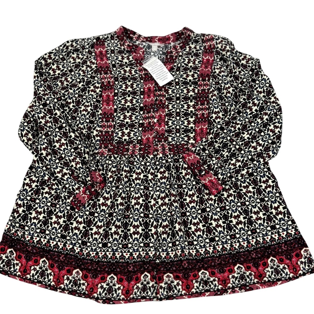 Boho‎ Tunic 1X Floral Print Button Up Blouse Top Hippie Peasant Feminine Flowy